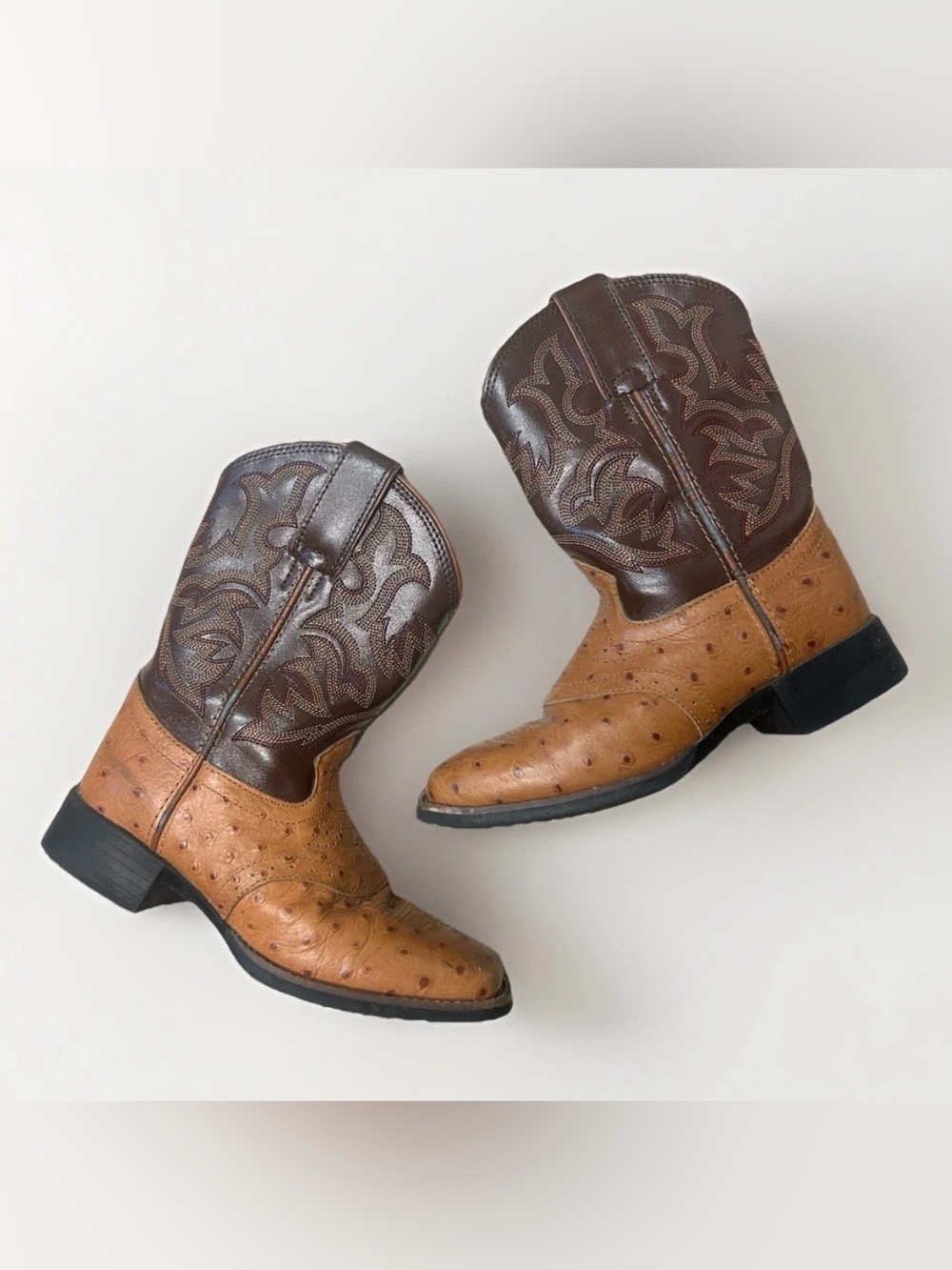 Justin Kids Western Boots Ostrich Leather Cowboy Brown Tan Sz 10.5D Unisex